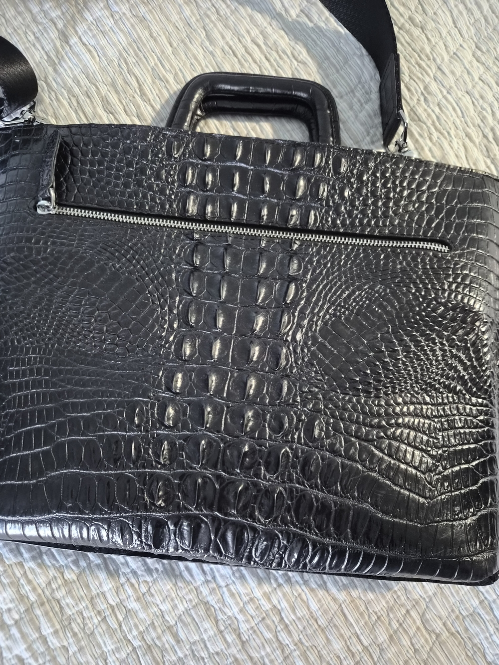 Black Croc-Embossed Leather Briefcase - Sleek Professional
